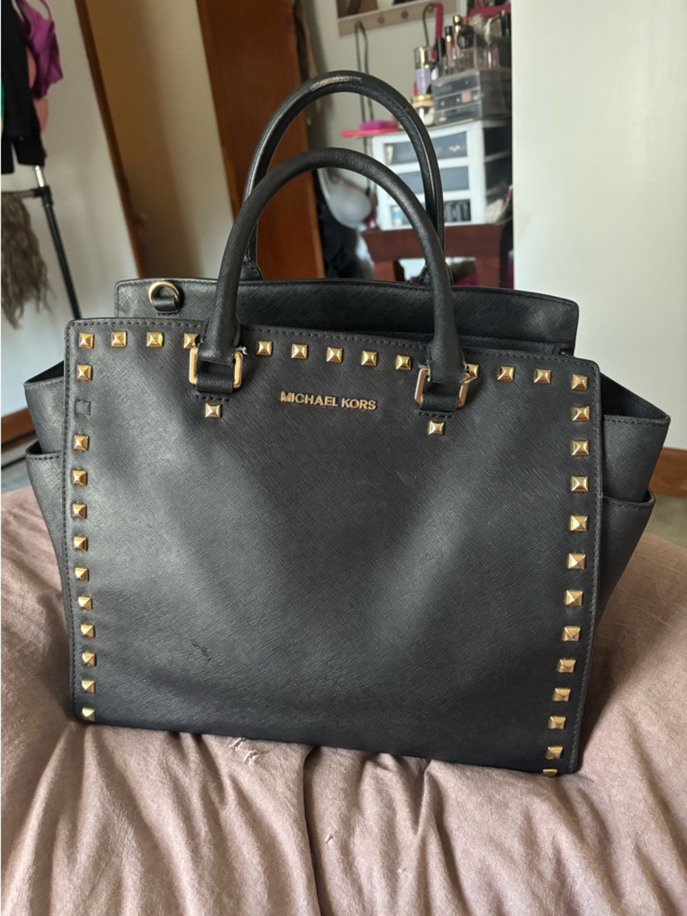Michael Kors large Selma Black Saffiano Leather Studded Tote